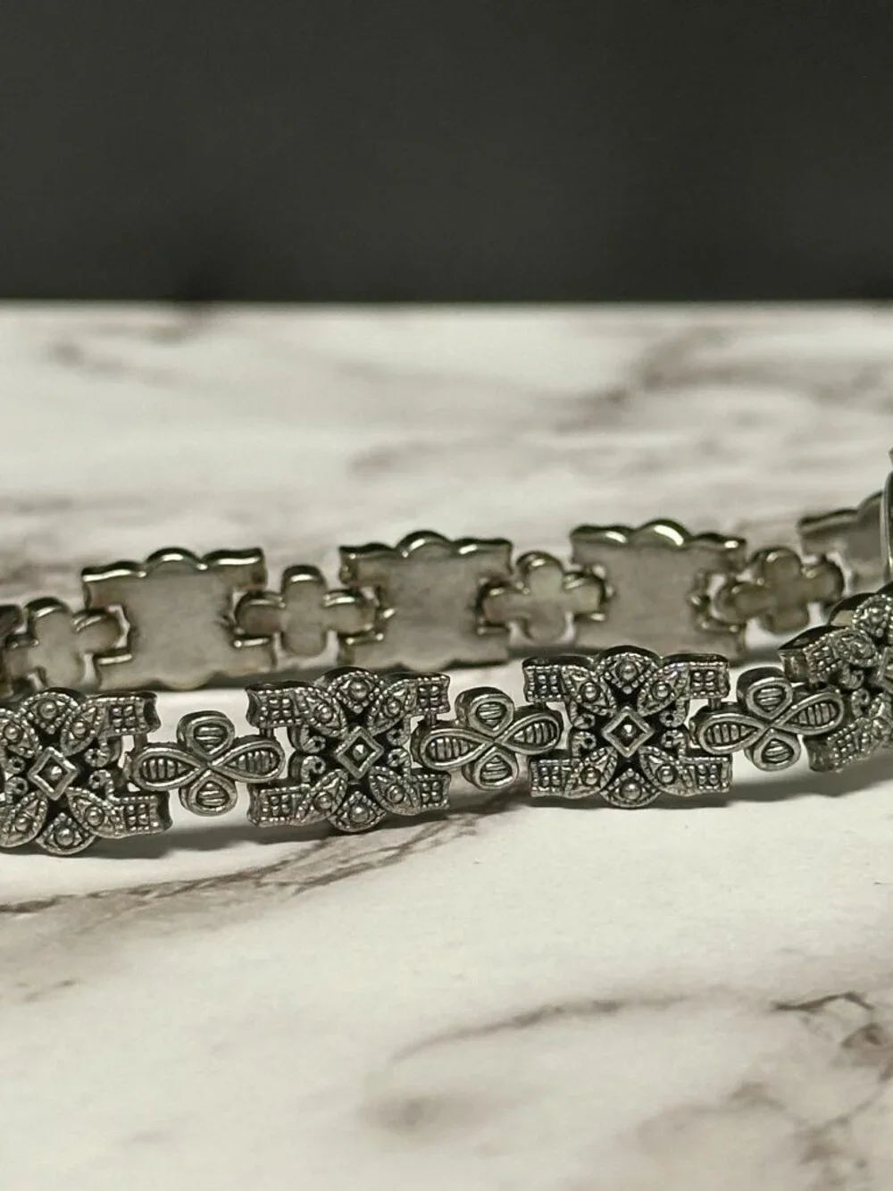 Marcasite Watch Silver Tone Oval Case Ornate Dressy New Battery 8 Inch
